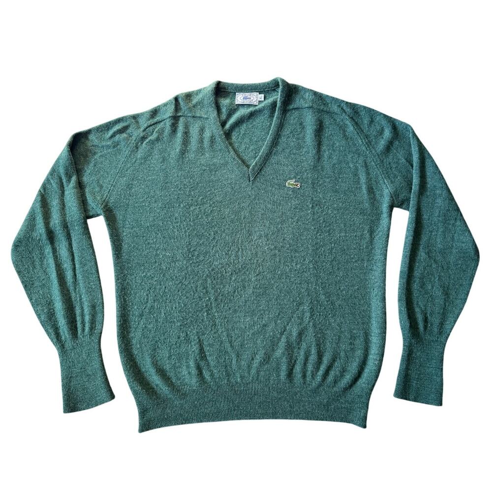 Vintage Izod Lacoste Mens Sweater V Neck Knit Preppy Academia Classic Green